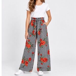 Insta Girl Girls Floral Striped Wide Leg Jumpsuit White Black Red Size L 14-16